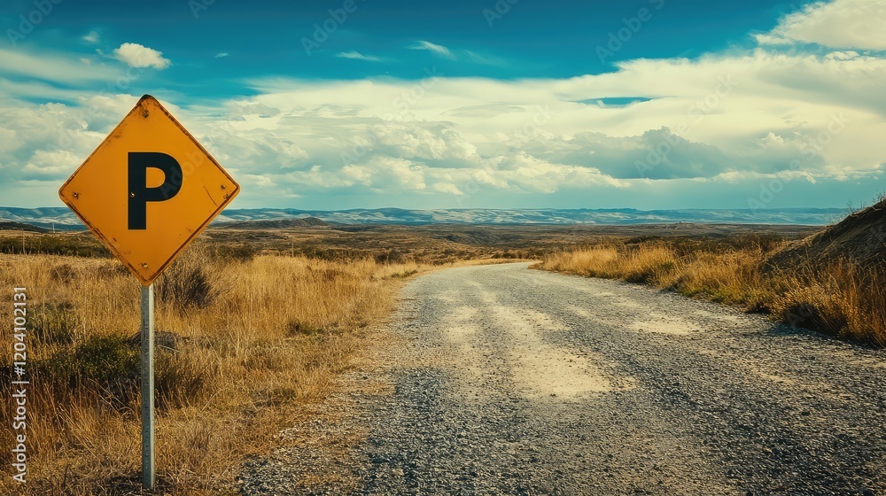 Rural landscape with gravel road and parking sign under a cloudy sky Copy Space Rural landscape with gravel road and parking sign under a cloudy sky Copy Space