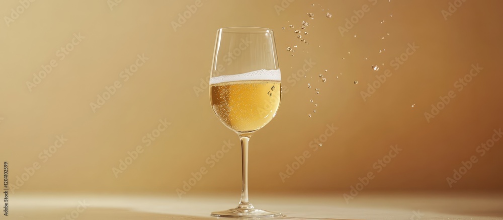 Golden beer in a tall glass with frothy head and bubbles on a soft yellow background with copy space