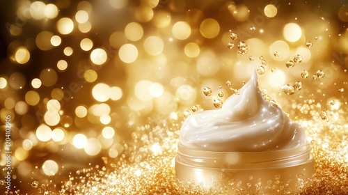 Moisturizing cream in jar with splash on golden sparkling background and copy space for beauty product advertisement photo