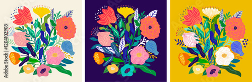 Beautiful romantic botanical collection of posters and cards with flowers, leaves, floral bouquets, flower compositions.	
