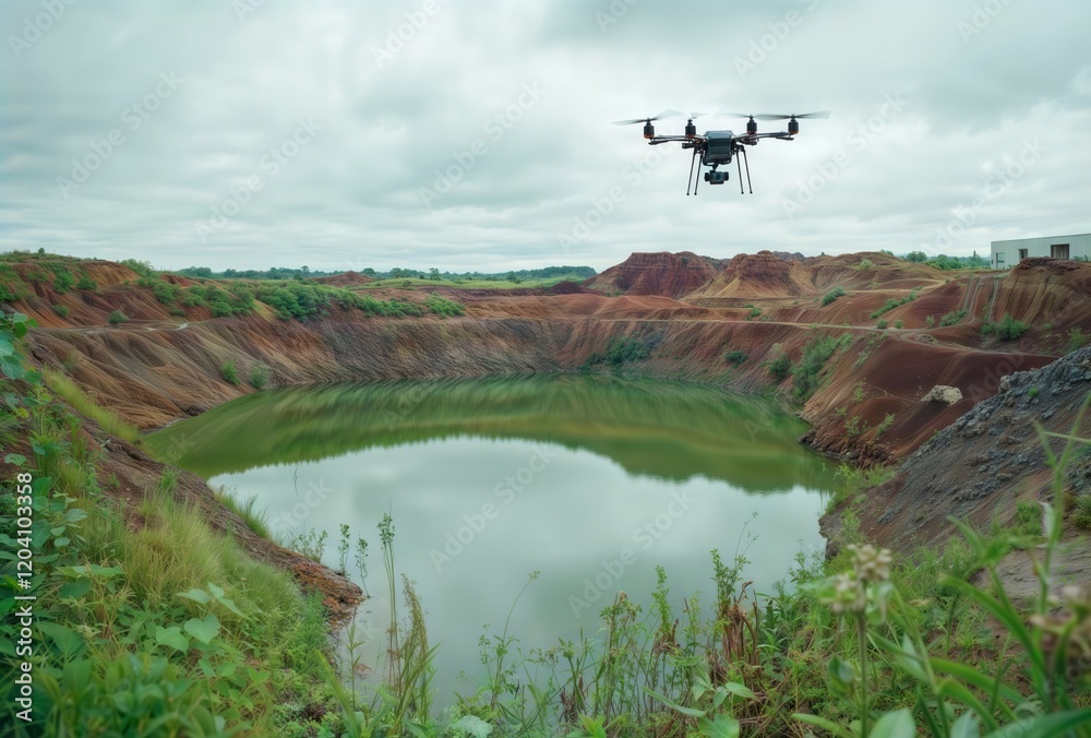 Fototapeta premium Quarry Lake Drone Shot. Aerial view of an abandoned quarry filled with turquoise water, surrounded by red-brown earth formations and green vegetation, with a drone visible in the sky.