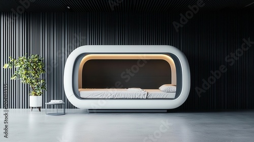 Compact luxury sleep pod with foldout features for added comfort and space efficiency photo