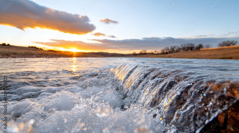 Obraz premium Gentle Stream Flowing Over Rocks at Sunset with Vibrant Sky Colors and Reflections