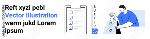 Man carrying shopping bags, list with checked items on clipboard, text placeholder. Ideal for productivity, organization, task management, shopping, to-do lists, efficiency and productivity habits