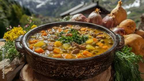 Fototapeta Naklejka Na Ścianę i Meble -  Traditional Andorran Escudella Stew on Rustic Table with Hearty Vegetables and Alpine Backdrop