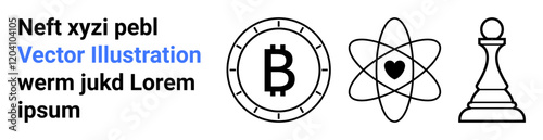 Bitcoin symbol inside a coin, atom with a heart, and chess pawn in black and white. Ideal for fintech, science education, chess strategy, technology, cryptocurrency, abstract concepts, web design