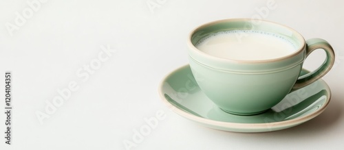 Green ceramic coffee cup with milk on matching saucer isolated on white background with copy space for text photo