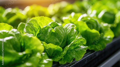 Fresh Green Lettuce Growing in Hydroponic Farm under Natural Sunlight Conditions photo