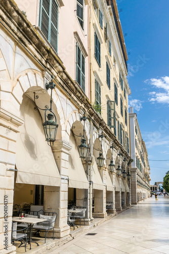 Historic white Liston Promenade on Eleftherias Street in Corfu town, Greece photo