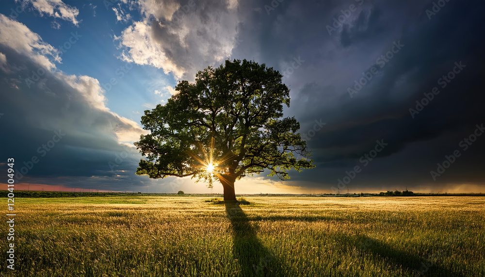 Fototapeta premium strong oak tree stands tall in open field, sunlight breaking through dark storm clouds, creating dramatic scene
