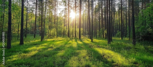 Sunlight filtering through pine trees in a lush green forest with visible grass and shadows Copy Space photo