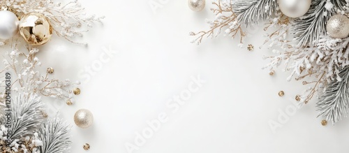 Christmas decorations with silver and gold ornaments on a white background copy space for text