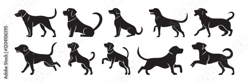 Dog Silhouette Collection Vector – Various Poses and Activities Including Jumping, Sitting, Running, Playing, and Standing. Black Puppy Silhouettes and Pet Dog Vectors Isolated on a White Background
