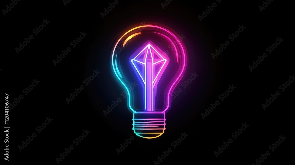 Neon light bulb illustration with geometric design in vibrant colors on black background with Copy Space for text placement Neon light bulb illustration with geometric design in vibrant colors on black background with Copy Space for text placement