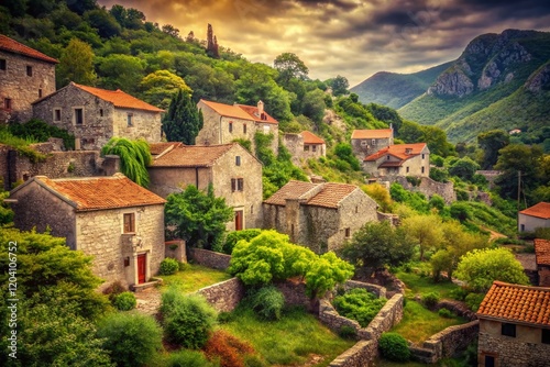 Vintage Photo: Negushi Village, Montenegro Mountain Scenery - Rural Landscape