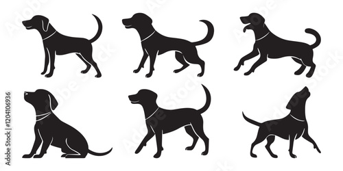 Dog Silhouette Vector Collection Various Poses and Activities Including Jumping Sitting Running Playing and Standing Black Puppy Silhouettes and Pet Dogs Isolated on a White Background