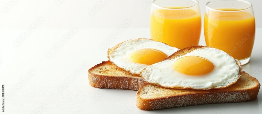 Breakfast plate with fried eggs on toast and two glasses of orange juice Copy Space Breakfast plate with fried eggs on toast and two glasses of orange juice Copy Space