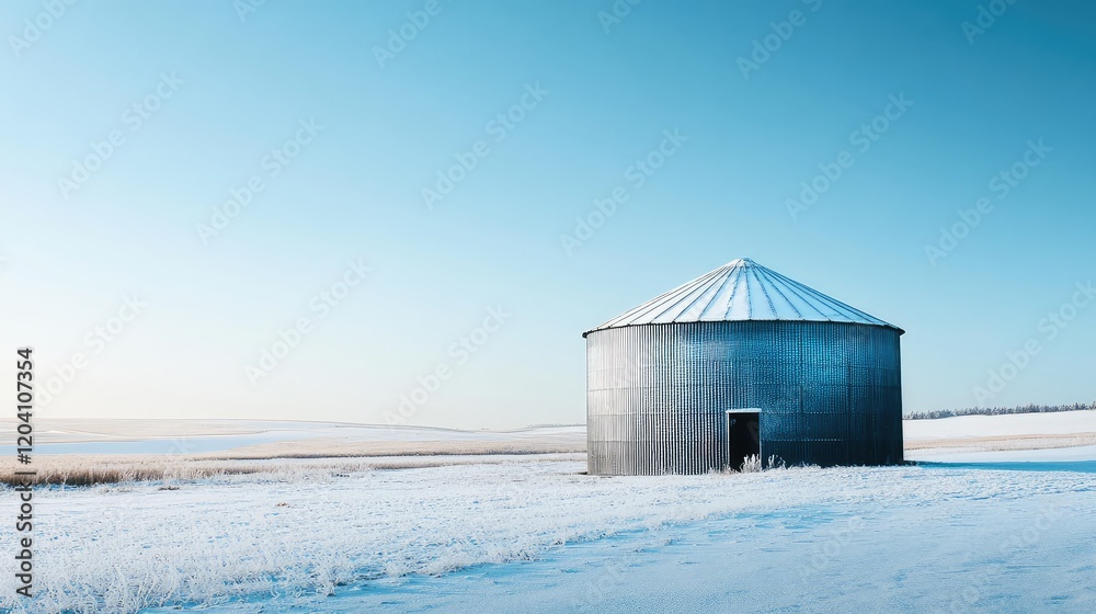 Snow-covered landscape with a round metal silo against a clear blue sky, featuring ample Copy Space for text. Snow-covered landscape with a round metal silo against a clear blue sky, featuring ample Copy Space for text.