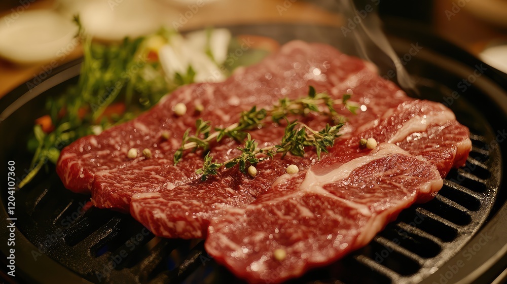 Raw beef steak on grill with herbs and vegetables garnished in a cooking setting Copy Space Raw beef steak on grill with herbs and vegetables garnished in a cooking setting Copy Space