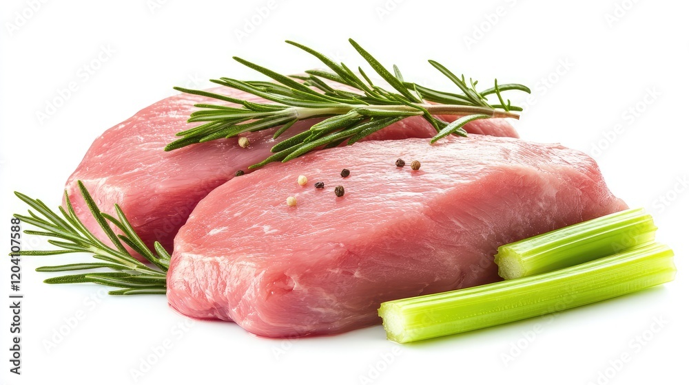Raw pork chops garnished with fresh rosemary and celery on a white background with copy space Raw pork chops garnished with fresh rosemary and celery on a white background with copy space