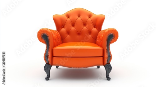 Vintage orange upholstered armchair with tufted backrest and black wooden legs on a plain white background with copy space.