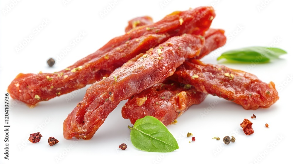 Dried meat strips with seasoning and fresh basil leaves on white background Copy Space Dried meat strips with seasoning and fresh basil leaves on white background Copy Space