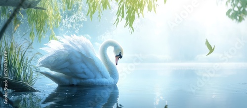 Fototapeta Naklejka Na Ścianę i Meble -  Elegant white swan swimming in a serene lake surrounded by lush greenery and soft sunlight Copy Space