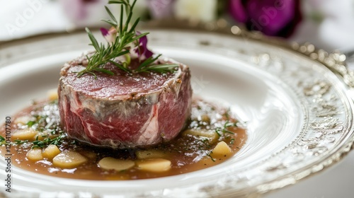 Filet mignon served in rich sauce adorned with fresh herbs and edible flowers on an elegant plate with decorative rim Copy Space photo