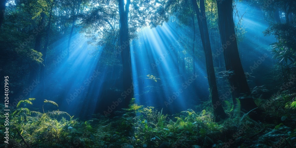 Fototapeta premium Ethereal blue light in mystical forest