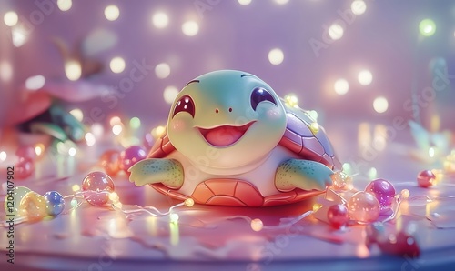 Adorable cartoon turtle figurine with fairy lights. photo