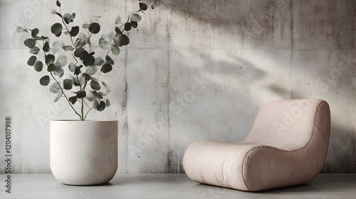 una habitacion minimalista con un sillon rosa pastel para relajacion y descanso con una maceta gris con flores y plantas de eucalipto diseño minimalista photo