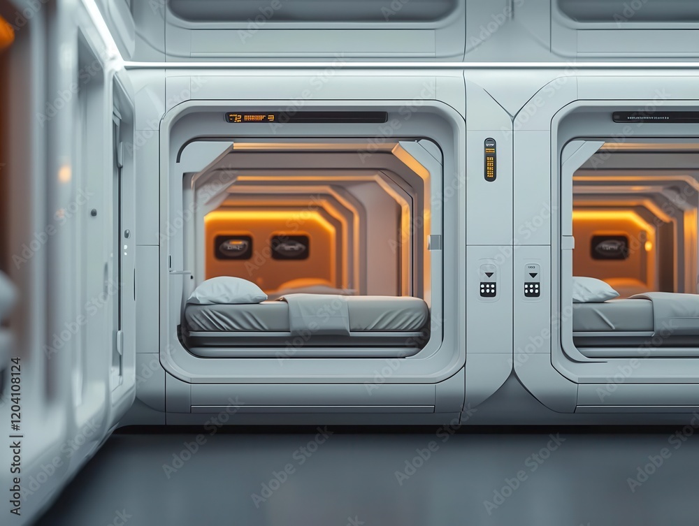 Fototapeta premium Hightech modular luxury sleep pods, interconnected in a futuristic coliving space