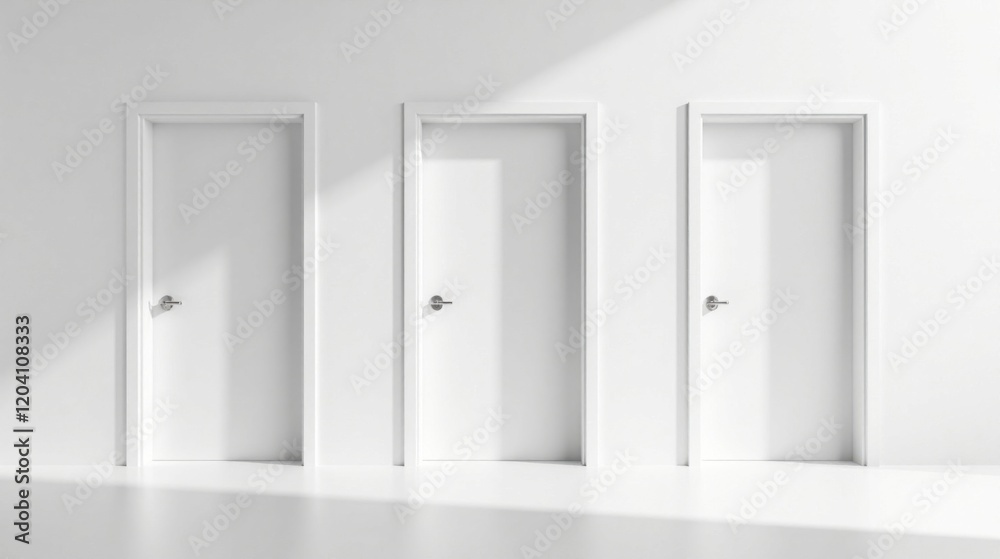 Fototapeta premium Three White Doors in a Sunlit Room A Minimalist Interior Design Concept