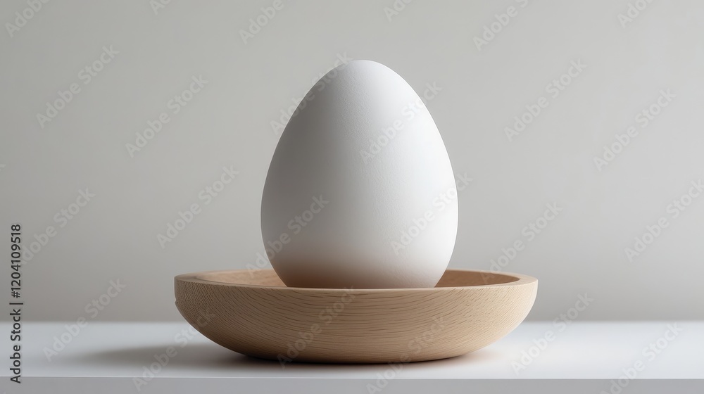 Minimalistic still life of a single white egg in a wooden bowl on a plain background with ample copy space Minimalistic still life of a single white egg in a wooden bowl on a plain background with ample copy space