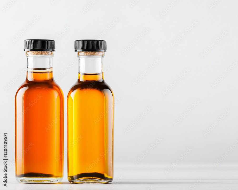 set of two glass bottles filled with golden olive oil, featuring black caps and cork stoppers, isolated on white background. Perfect for culinary use or decoration set of two glass bottles filled with golden olive oil, featuring black caps and cork stoppers, isolated on white background. Perfect for culinary use or decoration