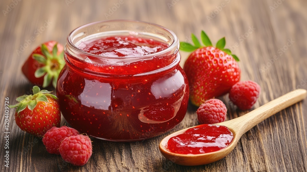 Strawberry and raspberry jam in a glass jar with fresh berries on wooden background and wooden spoon with spread Copy Space Strawberry and raspberry jam in a glass jar with fresh berries on wooden background and wooden spoon with spread Copy Space