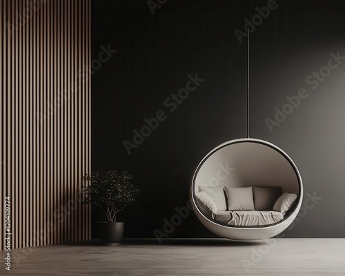 Minimalist luxury sleep pod suspended from a ceiling, floating like a personal retreat photo