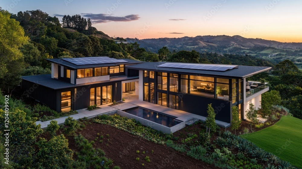 A modern home with large windows, set in a lush landscape, featuring a swimming pool and solar panels, illuminated by a sunset. A modern home with large windows, set in a lush landscape, featuring a swimming pool and solar panels, illuminated by a sunset.