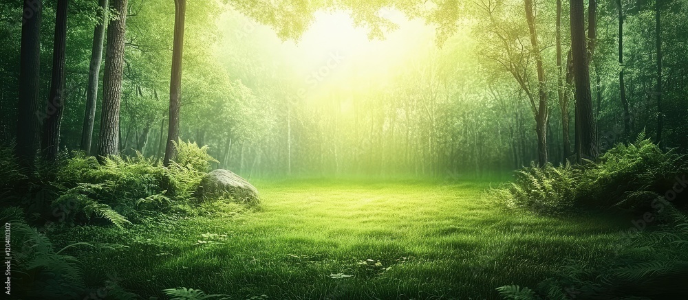 Obraz premium Forest landscape with lush greenery and soft sunlight filtering through trees Copy Space