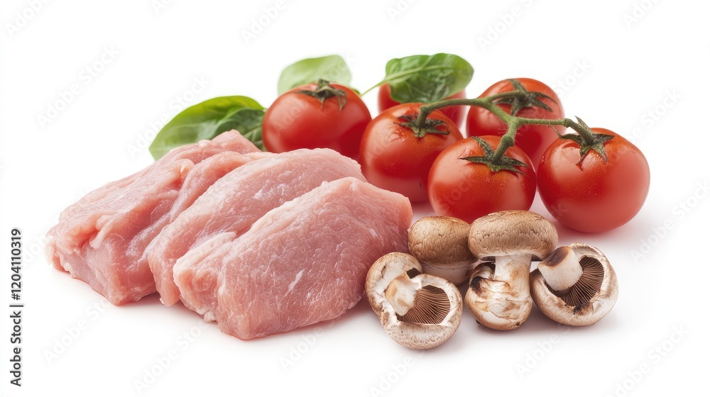 Fresh ingredients including raw pork meat, cherry tomatoes, spinach leaves, and mushrooms on a white background with Copy Space. Fresh ingredients including raw pork meat, cherry tomatoes, spinach leaves, and mushrooms on a white background with Copy Space.