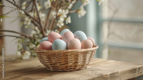 Pastel Easter eggs in a wicker basket on a wooden table photo