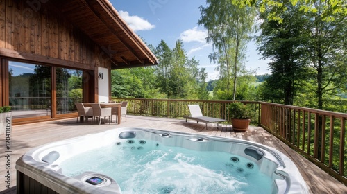 A serene outdoor hot tub surrounded by lush greenery and a wooden deck, perfect for relaxation and enjoying nature.