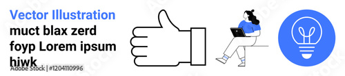 Thumbs up icon, person using laptop, blue light bulb icon, placeholder text. Ideal for education, motivation, brainstorming, creativity, productivity, approval, digital content. Landing page