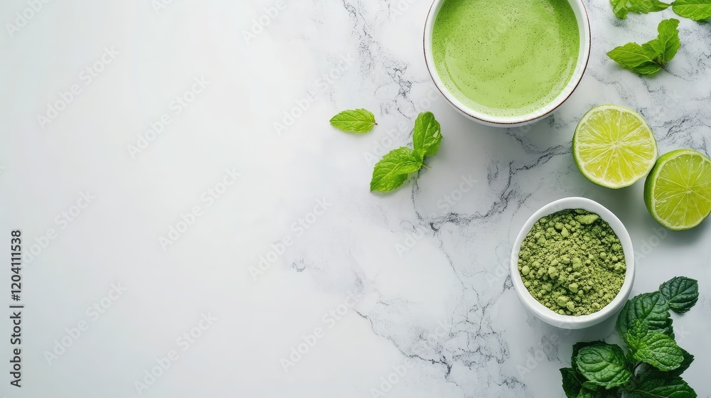 Green smoothie with lime and mint leaves on marble surface Copy Space for text placement Green smoothie with lime and mint leaves on marble surface Copy Space for text placement