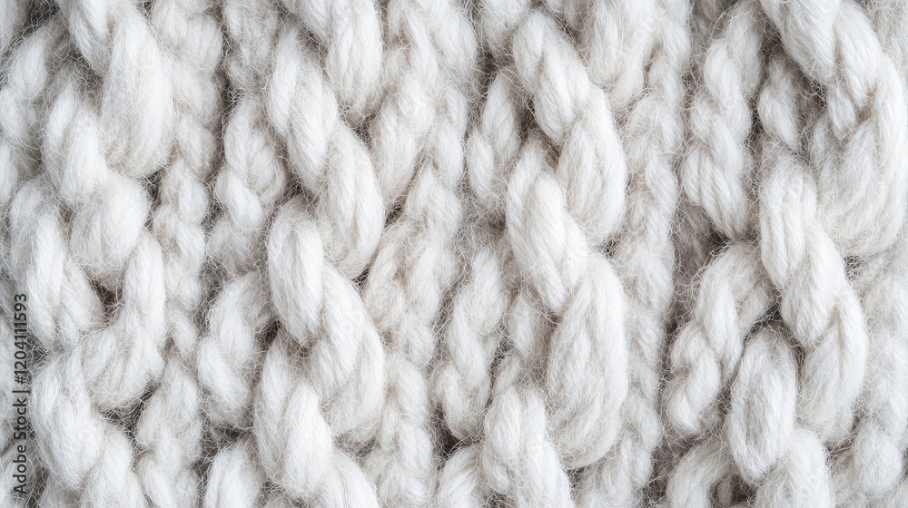 Close-up view of textured cream-colored knitted wool fabric with intricate braided patterns and copy space for text placement. Close-up view of textured cream-colored knitted wool fabric with intricate braided patterns and copy space for text placement.