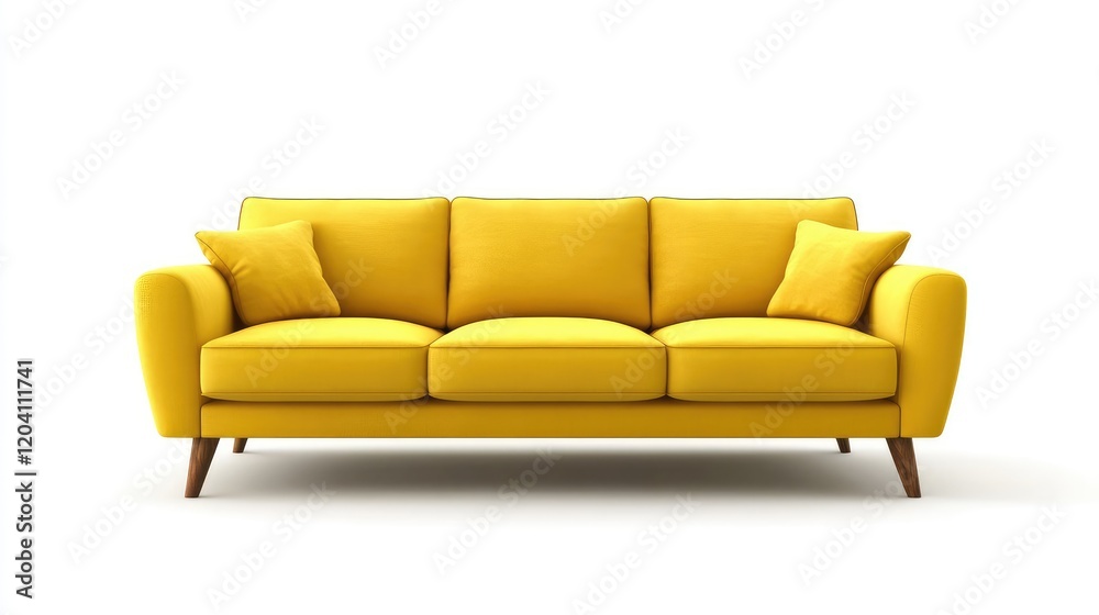 Yellow modern three-seater sofa with cushions on white background Copy Space Yellow modern three-seater sofa with cushions on white background Copy Space