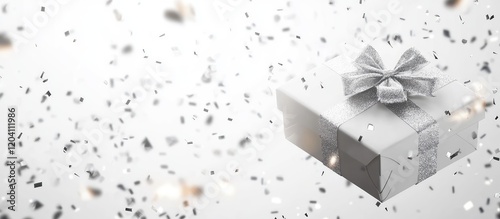 White gift box with ribbon surrounded by falling confetti against a light background with Copy Space photo