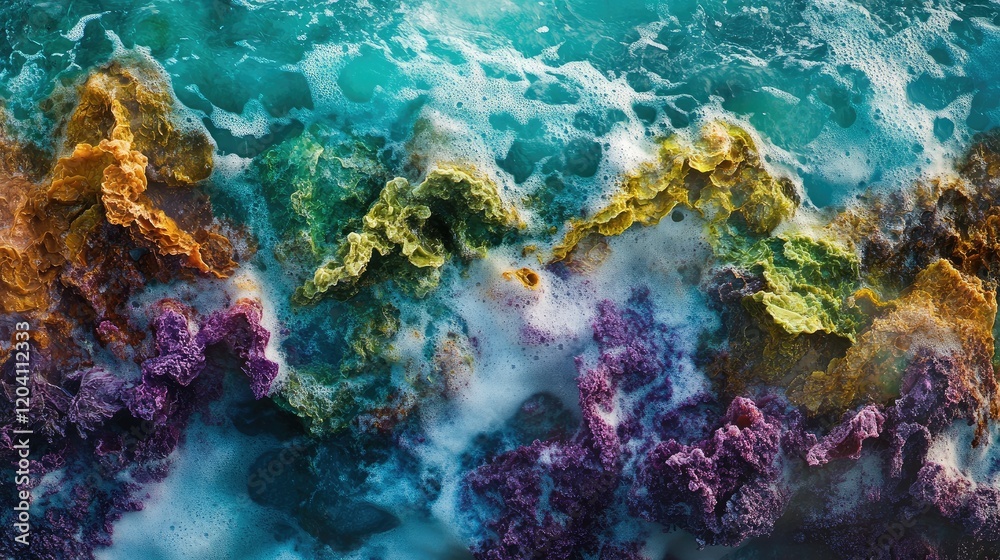 Naklejka premium Vibrant colorful coral reef underwater with waves creating foam and bubble patterns Copy Space