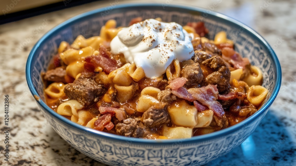 Beef pasta dish with bacon and sour cream served in a blue bowl on a patterned countertop with Copy Space Beef pasta dish with bacon and sour cream served in a blue bowl on a patterned countertop with Copy Space