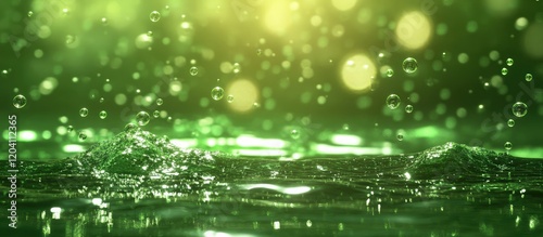 Green water surface with droplets and bubbles in the air creating dynamic reflections and bokeh effect with Copy Space.